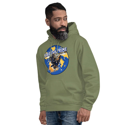 Man wearing green Starfish Prime hoodie with retro nuclear space test design featuring cowboy on a warhead.