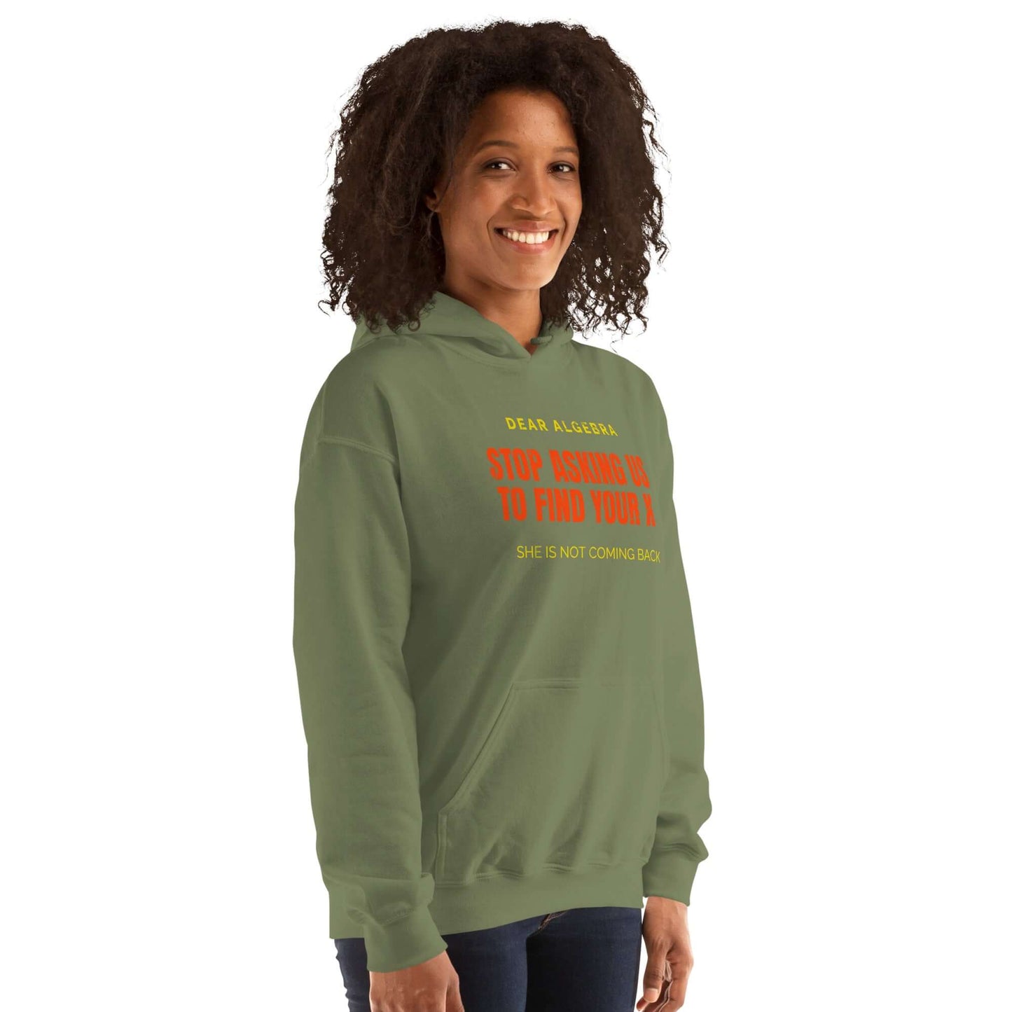 Woman wearing green hoodie with humorous algebra message about letting X go by Technium Foundry, blending math and relationship advice.