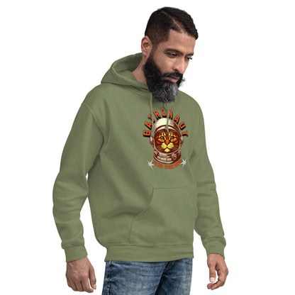 Catronaut Hoodie in green featuring cosmic cat design, worn by a man, perfect for space-themed style and comfort.