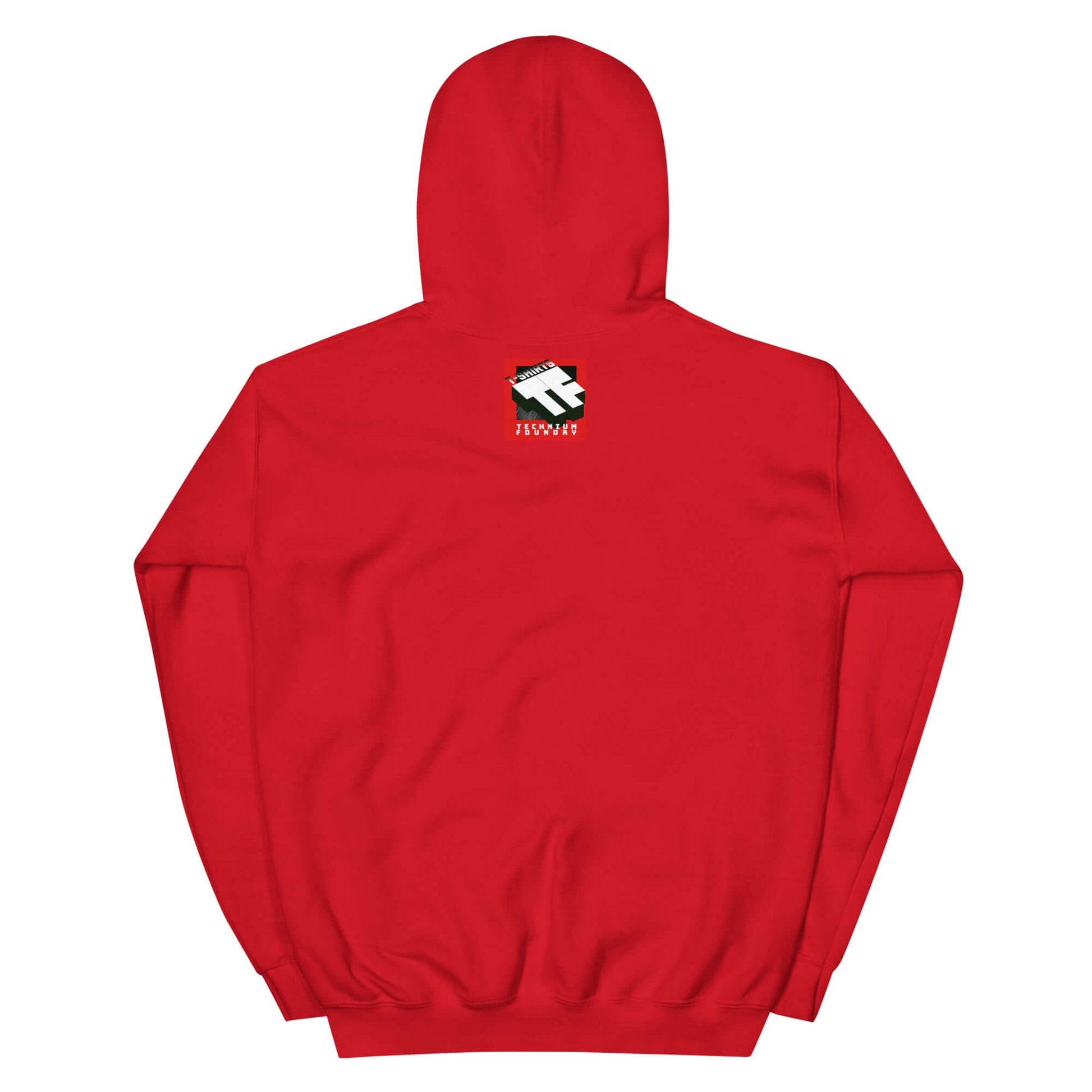 Red Nullpunktsenergie hoodie with retro-70s typography on back by Technium Foundry.