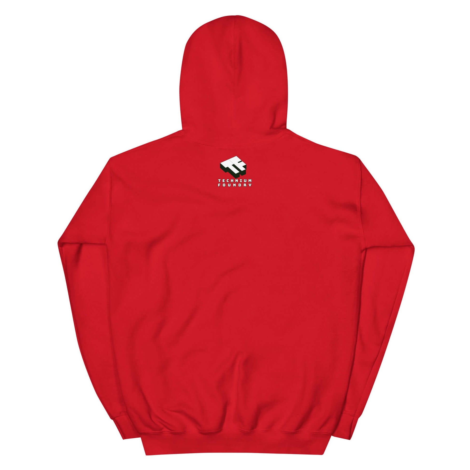 Red Super Smash & Click Hoodie by Technium Foundry featuring a small logo on the back, made of premium cotton for comfort and warmth.