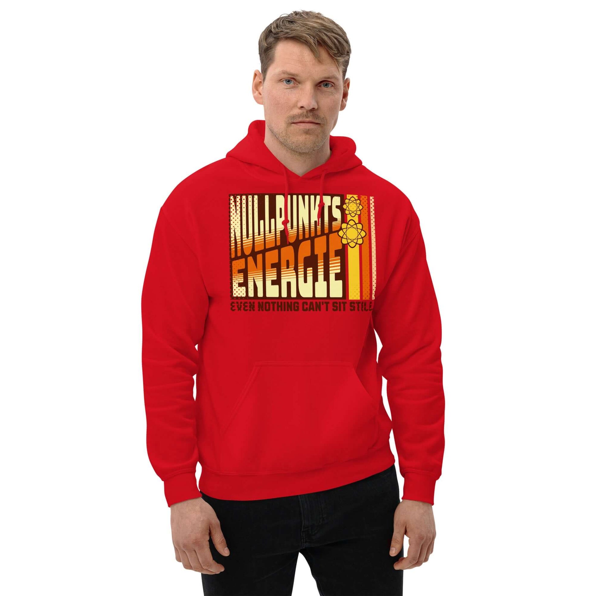 Red Nullpunktsenergie hoodie with retro-70s design by Technium Foundry, showcasing quantum energy style.