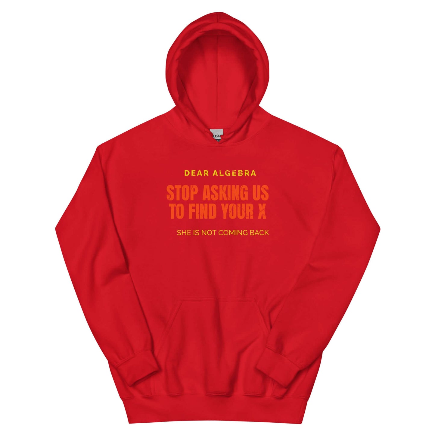 Red hoodie with humorous text about algebra and relationships from Technium Foundry.