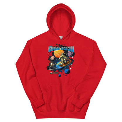 Red hoodie featuring astronaut skateboarding on Saturn's rings, cosmic design by Technium Foundry, Astronaut 50-50 Grind Hoodie.