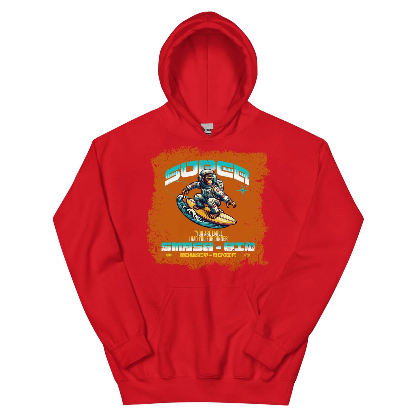 Red hoodie with astronaut surfing Chrome tabs, featuring retro gaming design by Technium Foundry, cozy premium cotton.