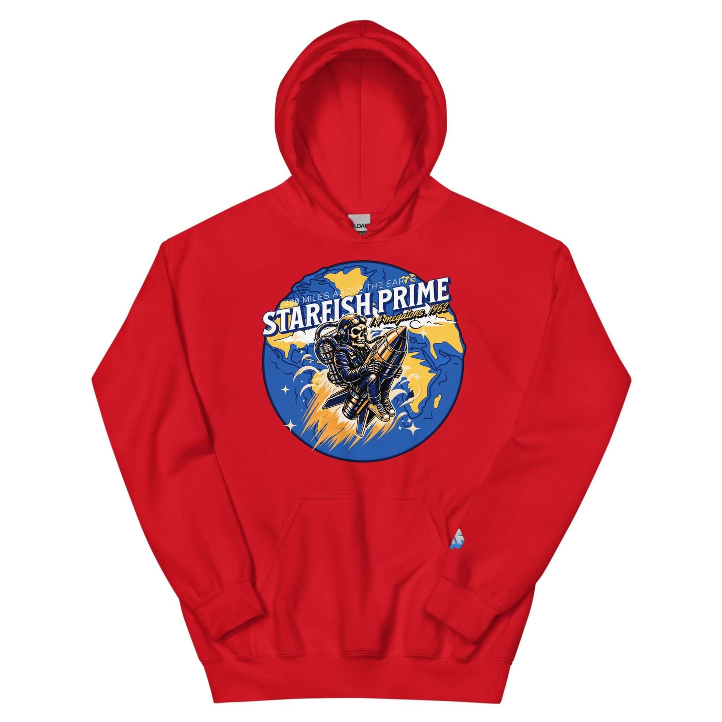 Red Starfish Prime hoodie featuring retro nuclear space test design with astronaut on a warhead.