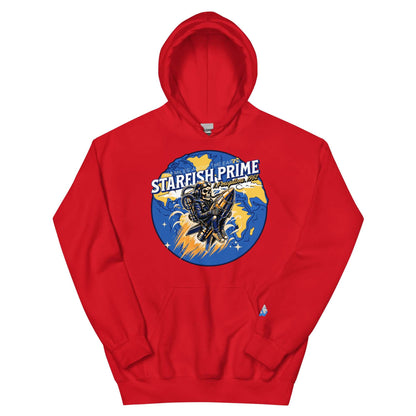 Red Starfish Prime hoodie featuring retro nuclear space test design with astronaut on a warhead.