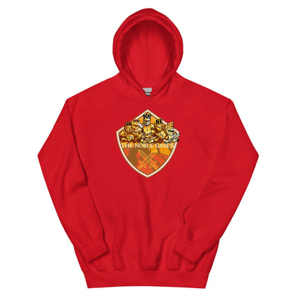 Red Noble Gases Hoodie with Periodic Table Elements Shield Design