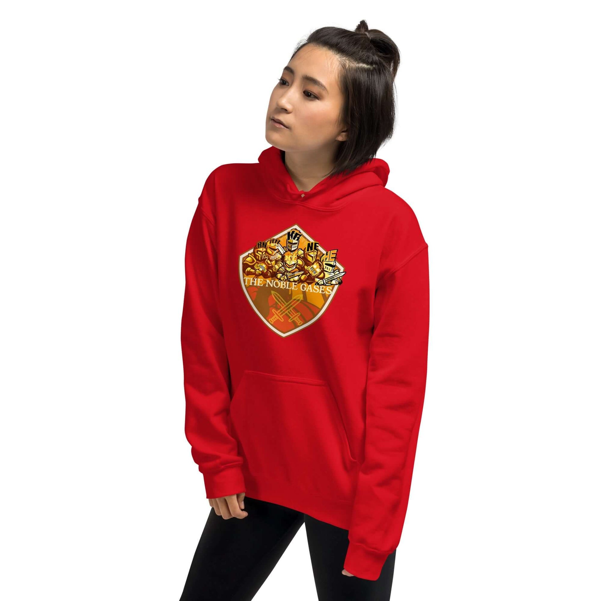 Red hoodie with Noble Gases periodic table shield design, featuring heraldic elements and vibrant chemistry theme.