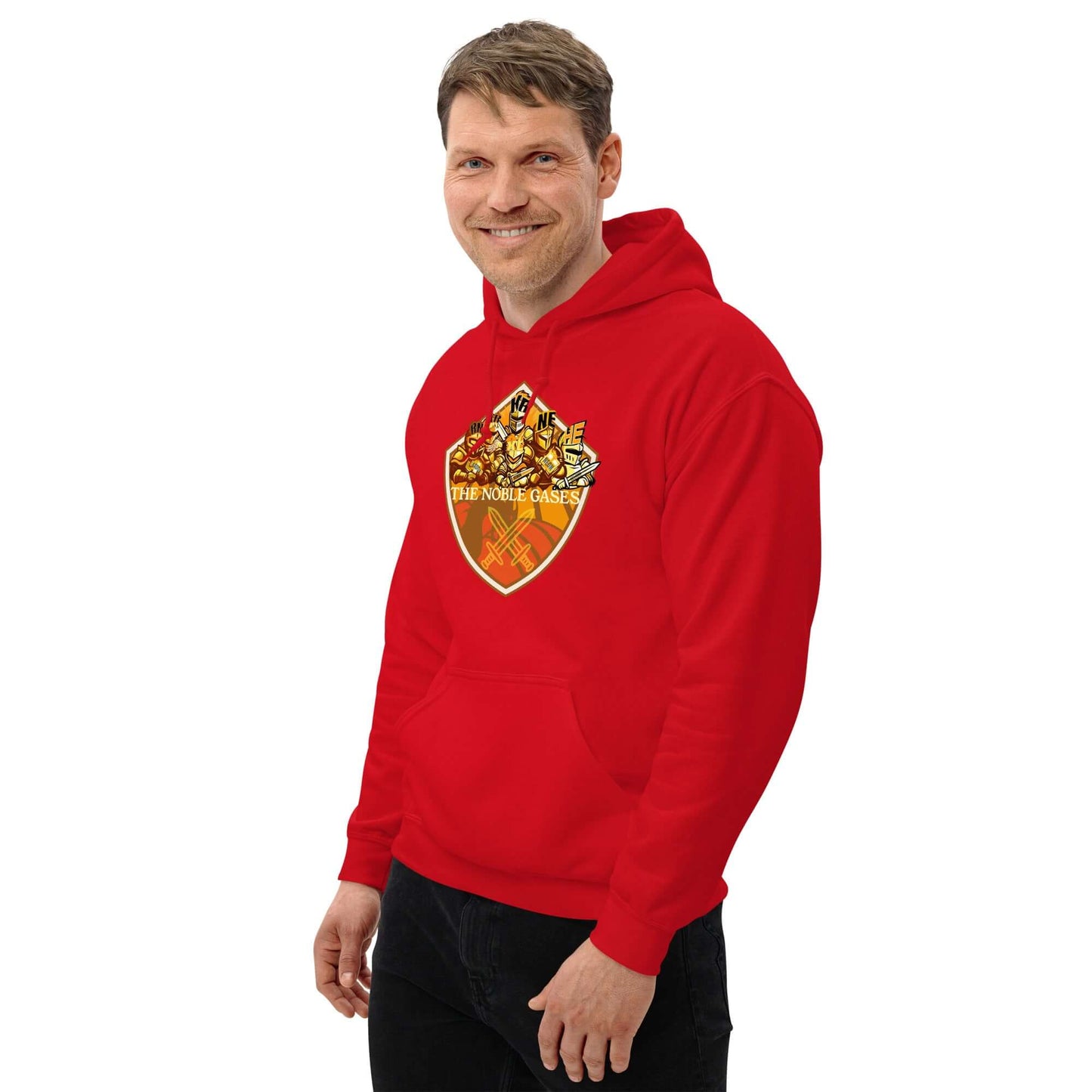 Man wearing red Noble Gases Hoodie with periodic table elements shield design, showcasing stylish nerdy fashion.