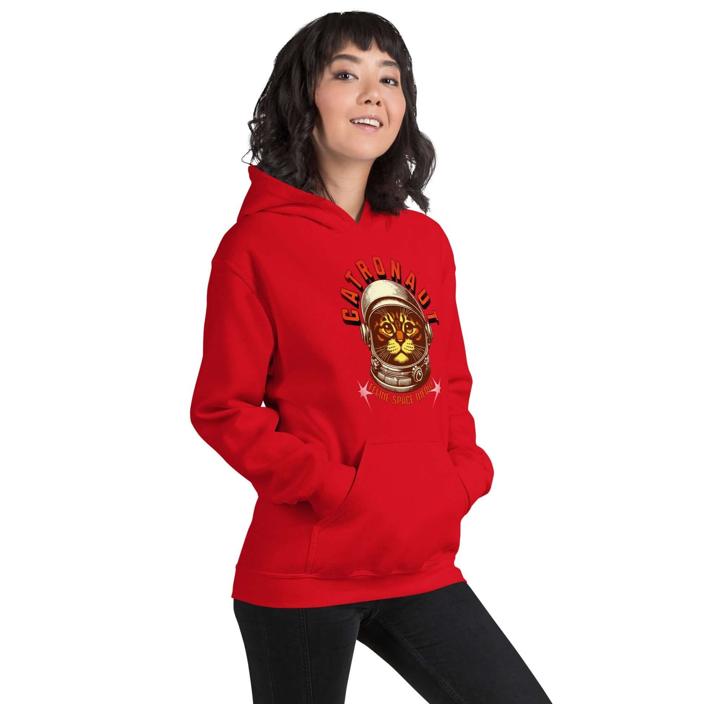 Woman wearing Catronaut Hoodie: Mission Control Edition in red by Technium Foundry, featuring a cosmic cat design.