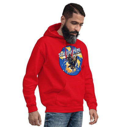 Man wearing a red Starfish Prime hoodie featuring retro nuclear space test design.