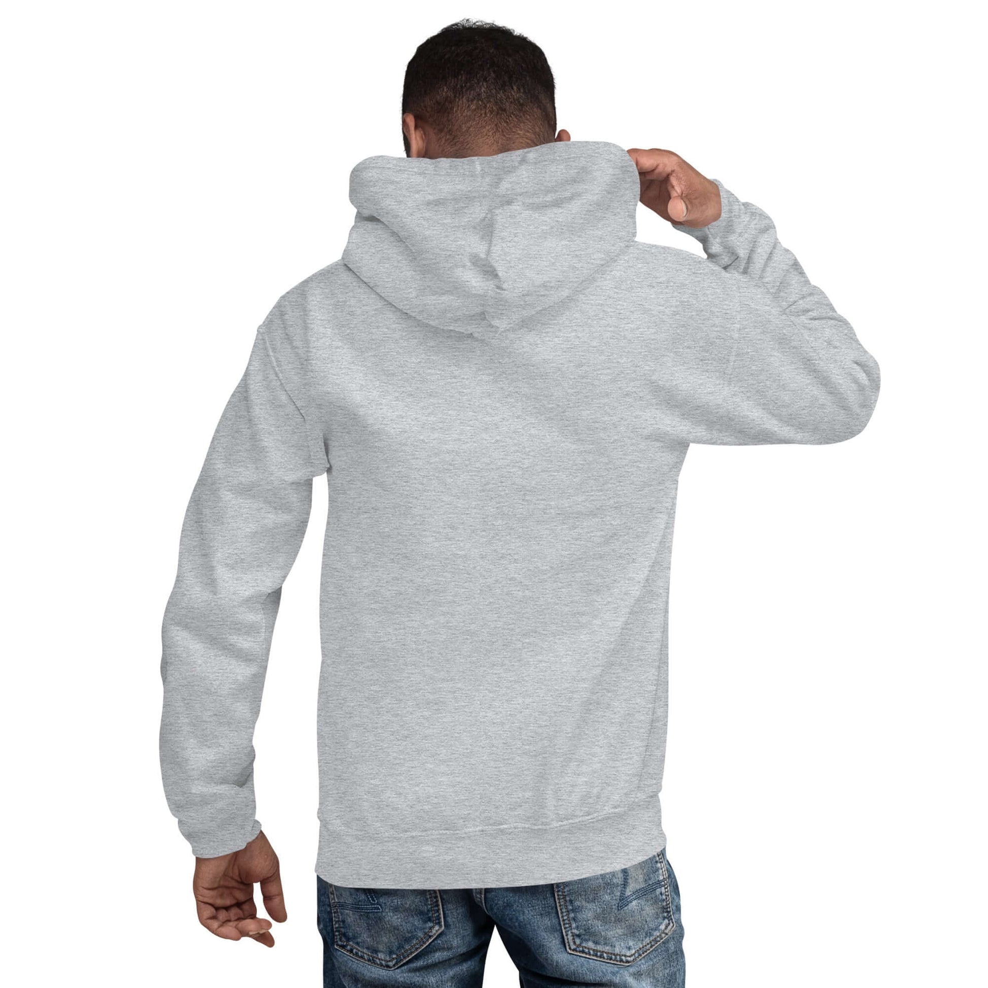 Back view of a person wearing a gray hoodie, adjusting the hood. Casual jeans compliment the laid-back outfit.