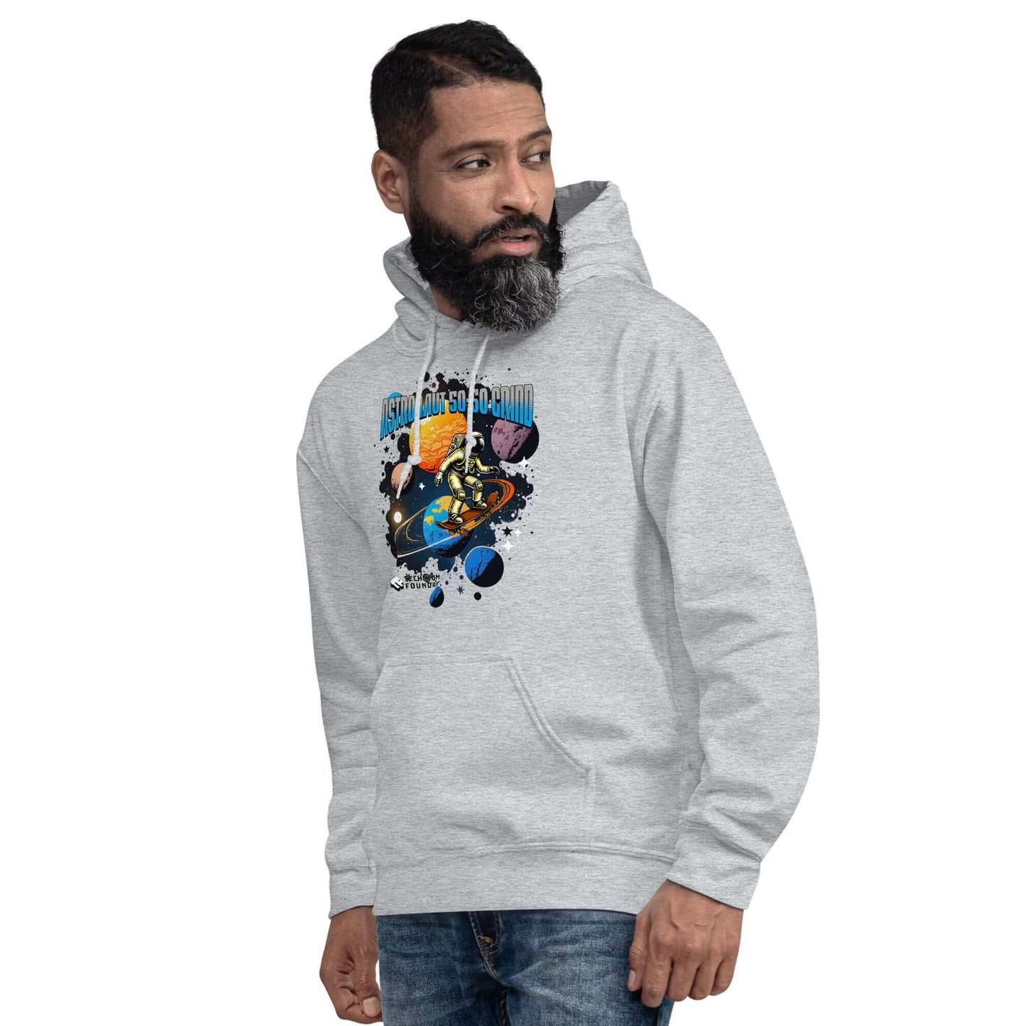 Man wearing gray Astronaut 50-50 Grind Hoodie with cosmic skater graphic by Technium Foundry.