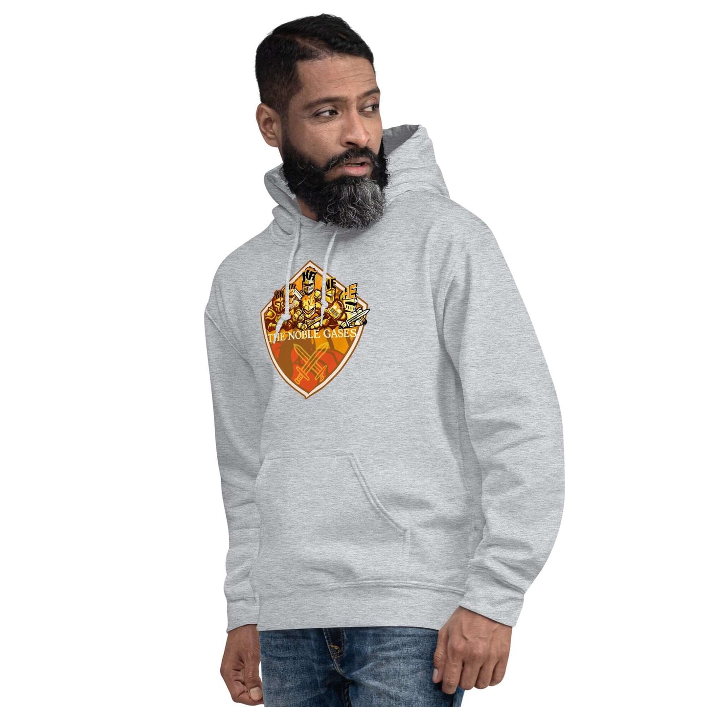 Man wearing The Noble Gases Hoodie with Periodic Table Elements Shield design, showcasing noble gases on a grey hoodie.