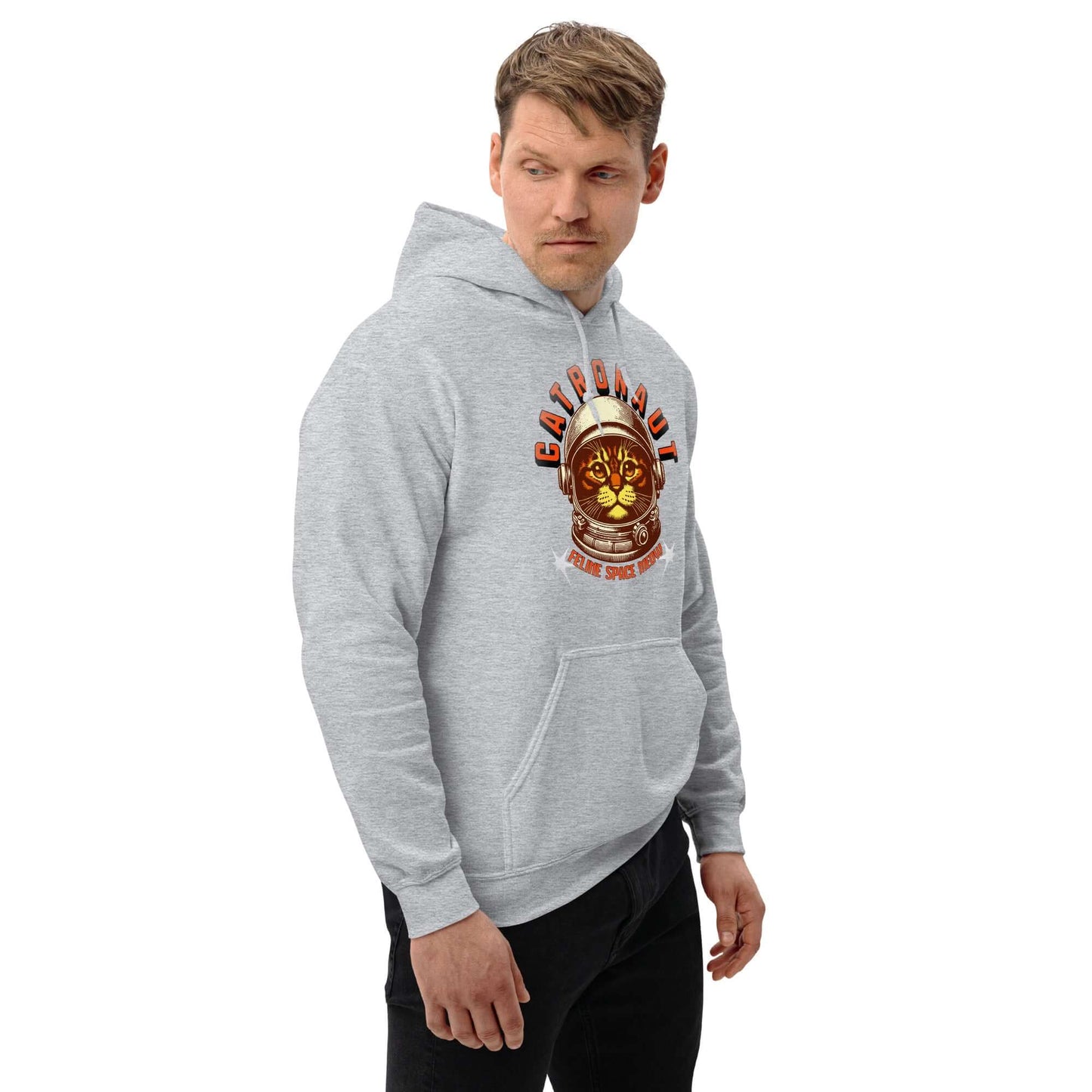 Man wearing Catronaut Hoodie: Mission Control Edition, gray hoodie with space cat design, casual outerwear by Technium Foundry