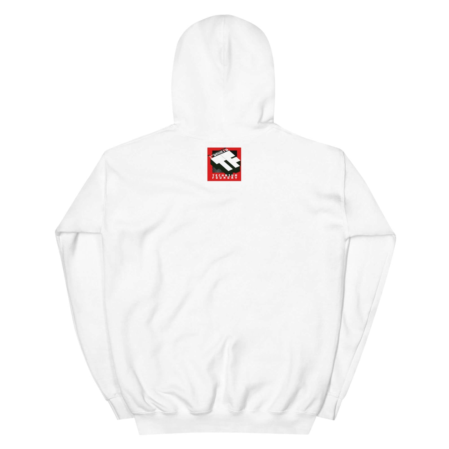 White Nullpunktsenergie hoodie with retro-70s typography by Technium Foundry, featuring a small graphic on the back.