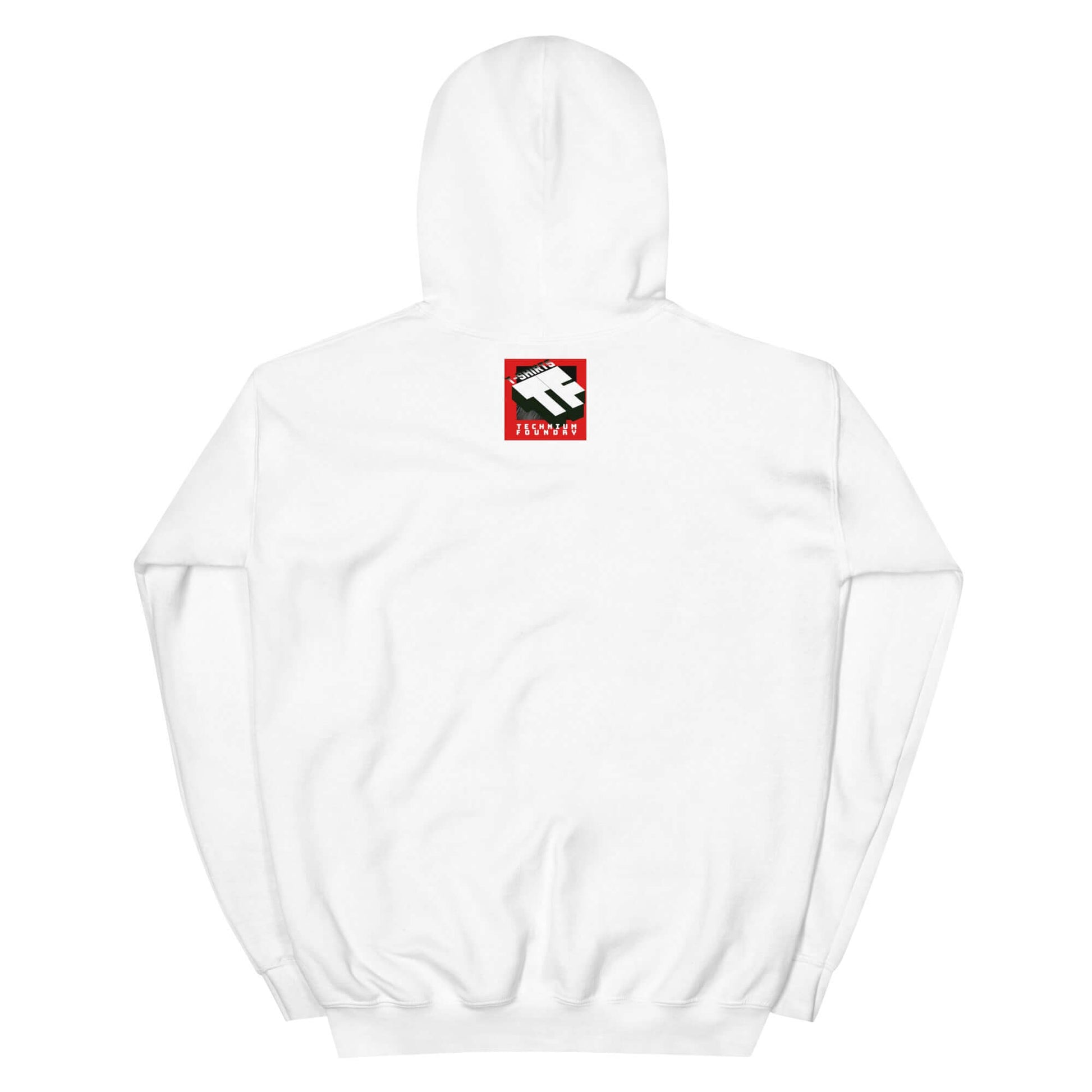 White Nullpunktsenergie hoodie with retro-70s typography by Technium Foundry, featuring a small graphic on the back.