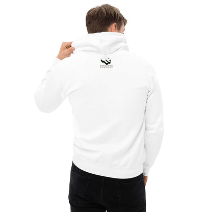 White hoodie with mathematical relationship design on the back, worn by a person, showcasing Technium Foundry branding.