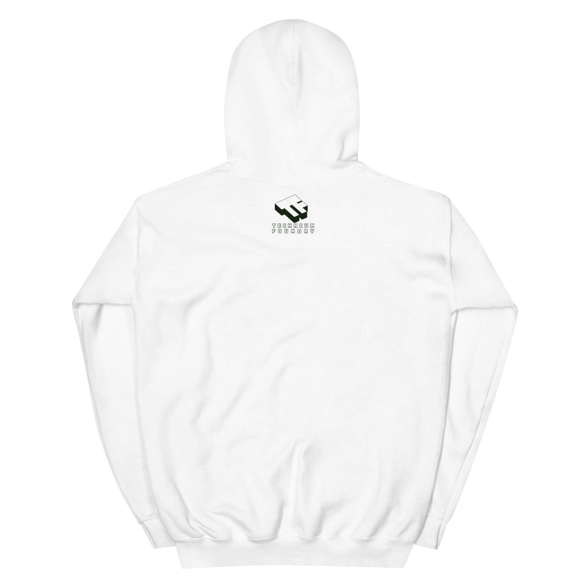 White hoodie with mathematical relationship counseling design by Technium Foundry, back view showing logo.