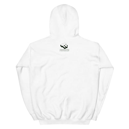 White hoodie with mathematical relationship counseling design by Technium Foundry, back view showing logo.