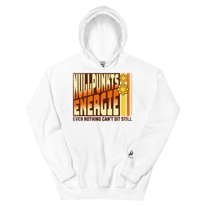 Retro-style Nullpunktsenergie hoodie with vibrant 70s typography on a white background, highlighting quantum energy theme.