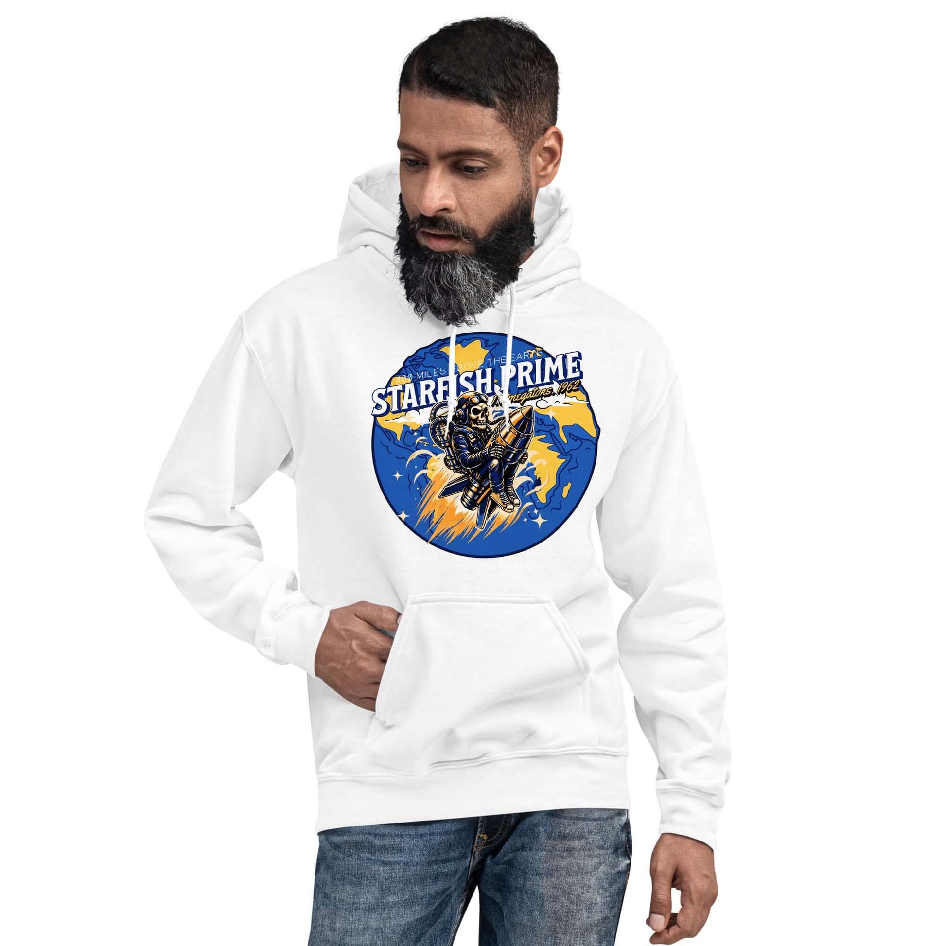 Man wearing white Starfish Prime hoodie with retro nuclear space test design.