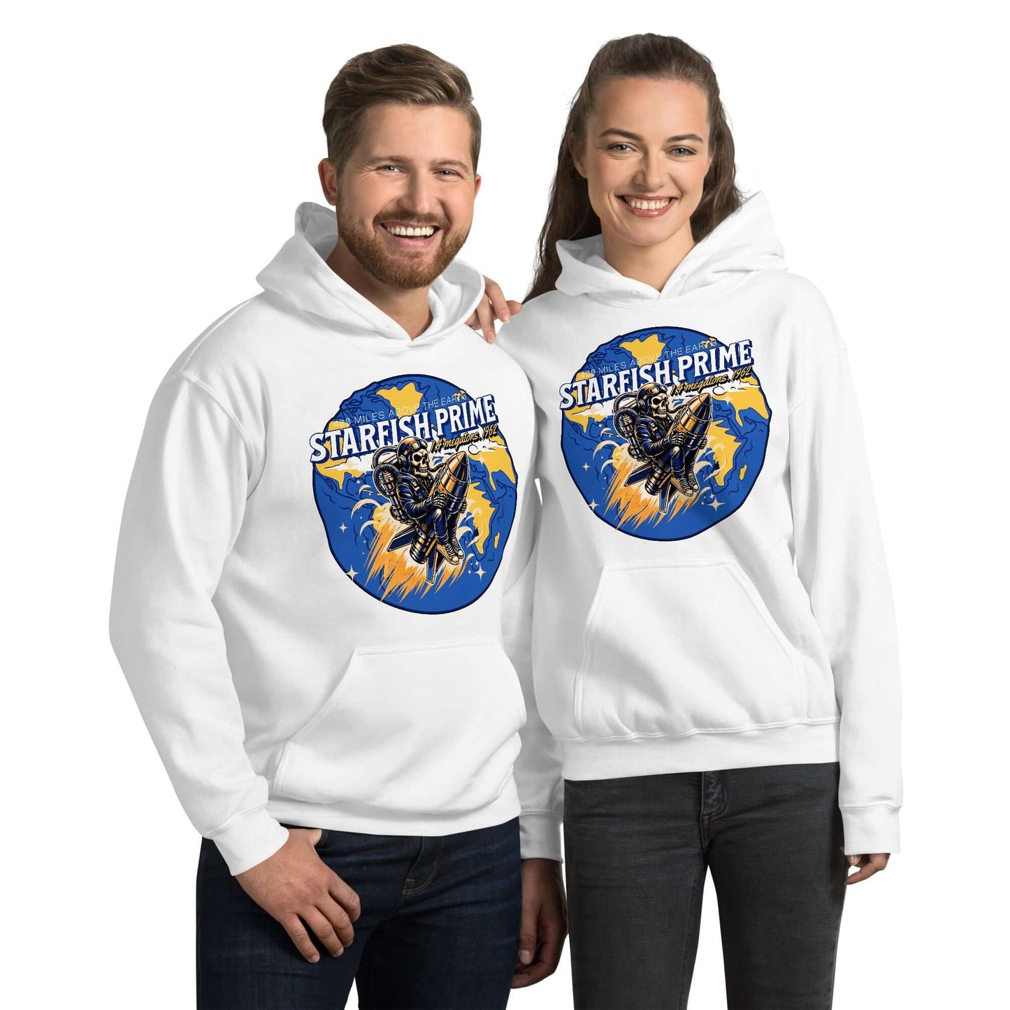 Couple wearing Starfish Prime retro hoodies showcasing nuclear space test design.