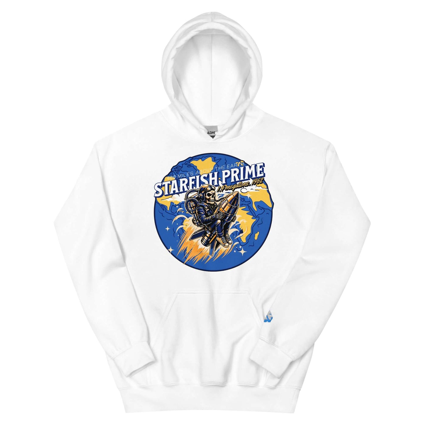 Starfish Prime hoodie featuring retro nuclear space test design with space cowboy riding a warhead in futuristic style.