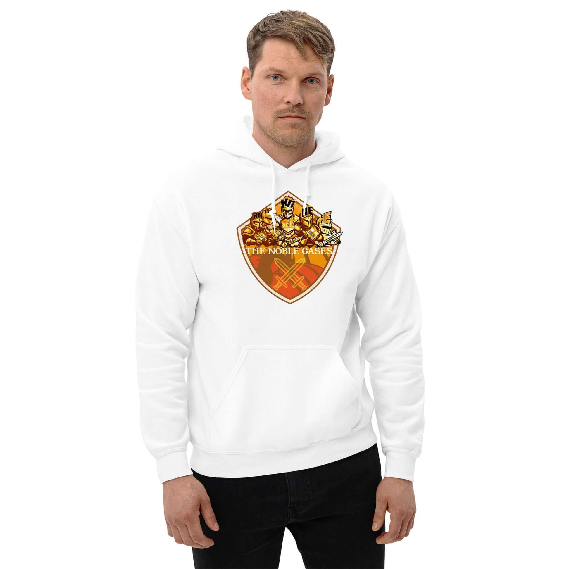 White hoodie with noble gases shield design, featuring periodic table elements and bold text, worn by a male model.