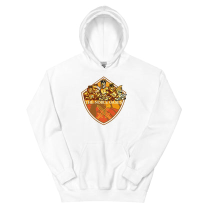 Noble Gases Hoodie featuring periodic table elements shield design on a white background.