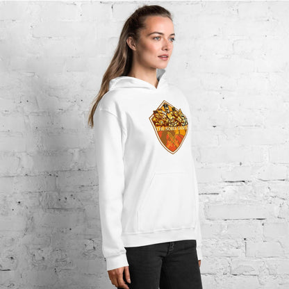 Woman wearing The Noble Gases Hoodie with periodic table elements shield design, perfect for chemistry enthusiasts.