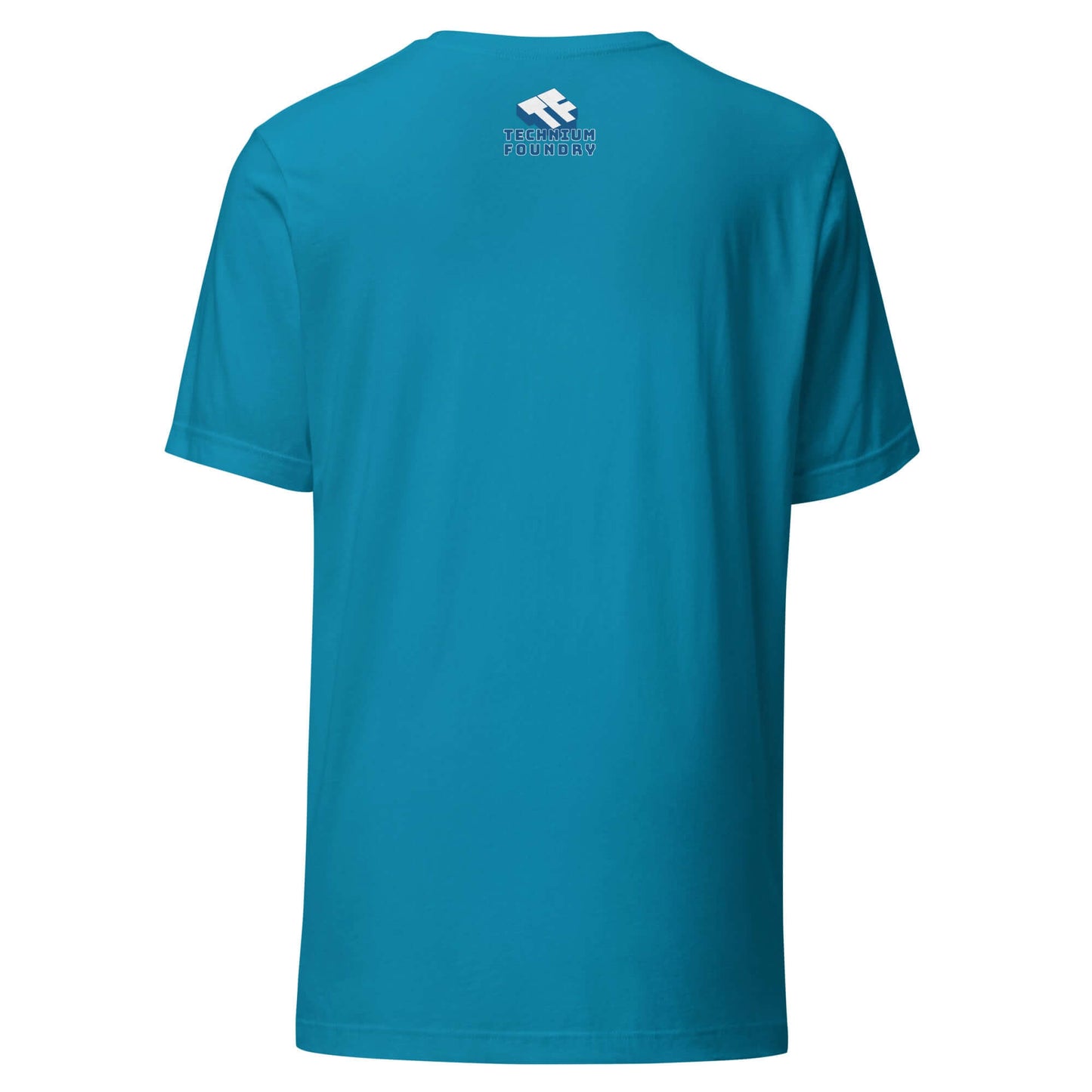 Back view of a turquoise T-shirt featuring the Teknikus Foundry logo on the upper center, perfect for casual wear or branding.