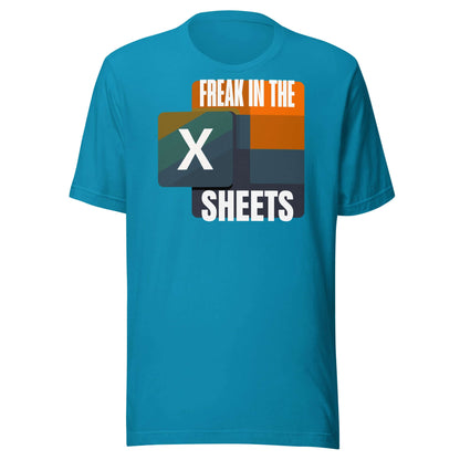 Turquoise T-shirt with 'Freak in the Sheets' text and retro Excel icon design, perfect for data enthusiasts.