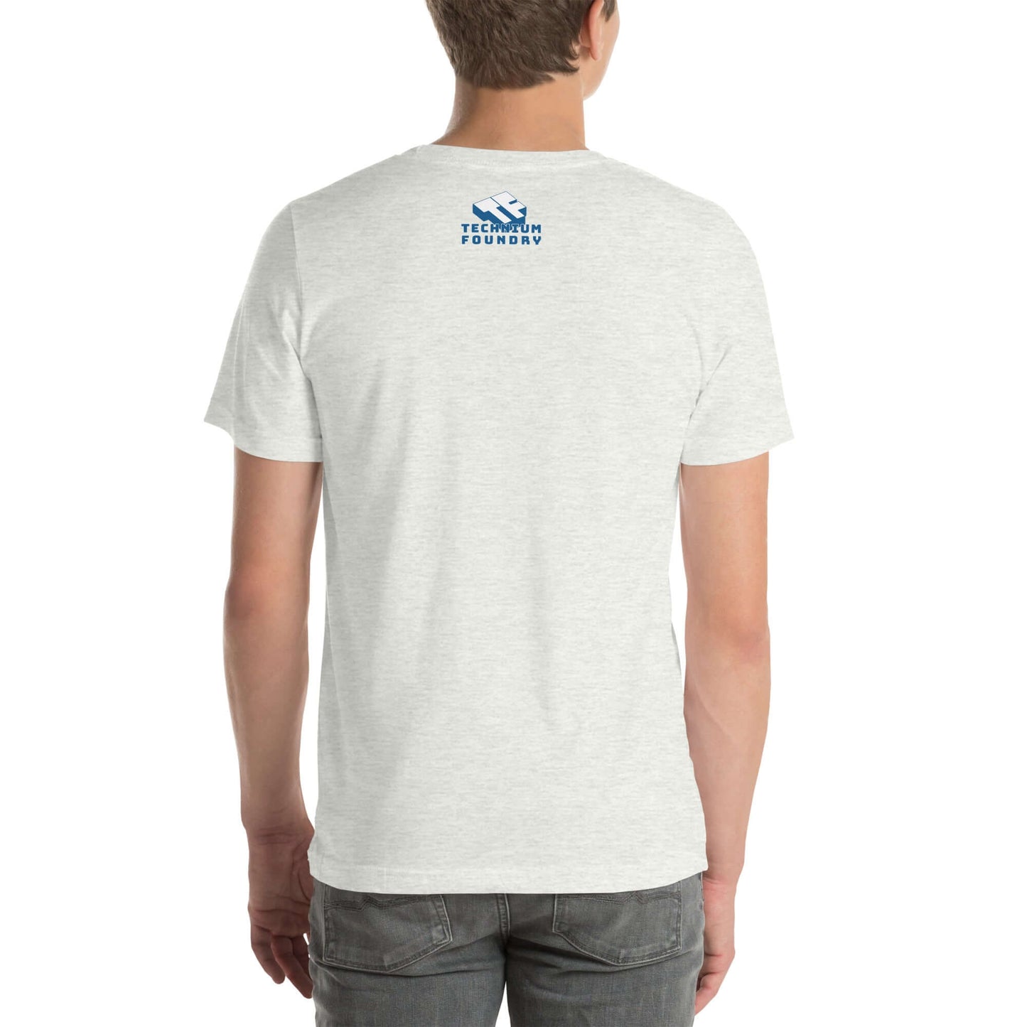 Back view of Observable and Single T-Shirt featuring quantum mechanics design, worn by model.