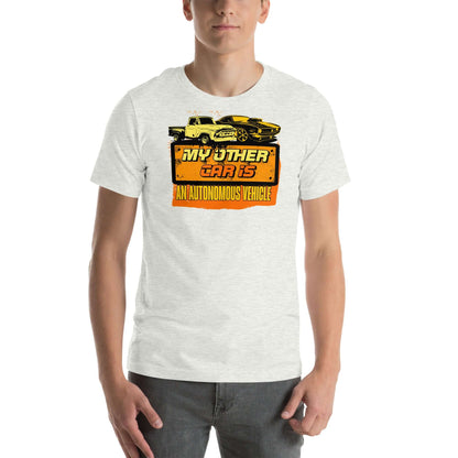 Man wearing "My Other Car Is An Autonomous Vehicle" T-shirt featuring vintage car illustration and tech-inspired design.