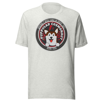 Puppular Cosmonaut T-Shirt featuring vintage Laika design, celebrating canine space exploration with a retro emblem.