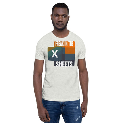 Man wearing 'Freak in the Sheets' T-shirt with retro Excel icon design, ideal for data enthusiasts and Excel lovers.