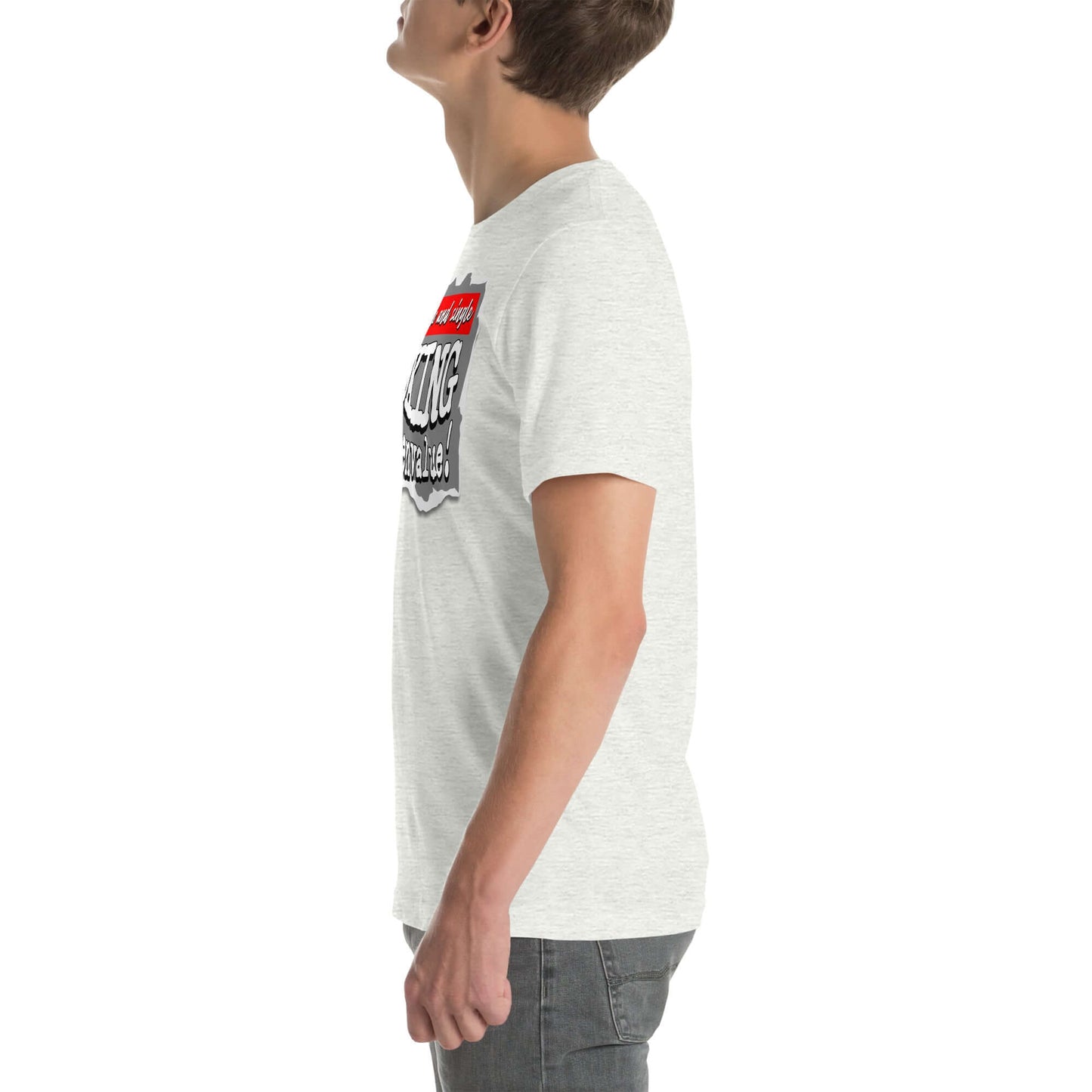 Side view of white "Observable and Single" t-shirt featuring a quantum mechanics-themed dating profile design.