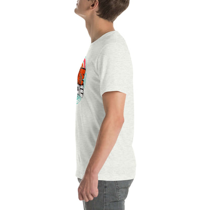 Side view of eSkate Life T-Shirt featuring tropical sunset design and electric skateboarding theme in white cotton.