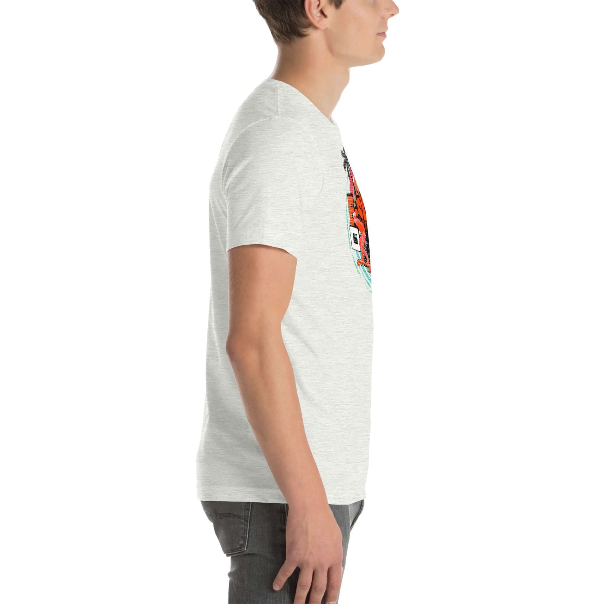 Side view of a person wearing an eSkate Life T-Shirt featuring a retro sunset design, ideal for electric skateboarding enthusiasts.