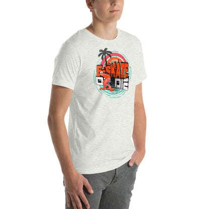 Man wearing eSkate Life T-Shirt with retro sunset and palm tree design, symbolizing tropical vibes and electric skateboarding lifestyle.