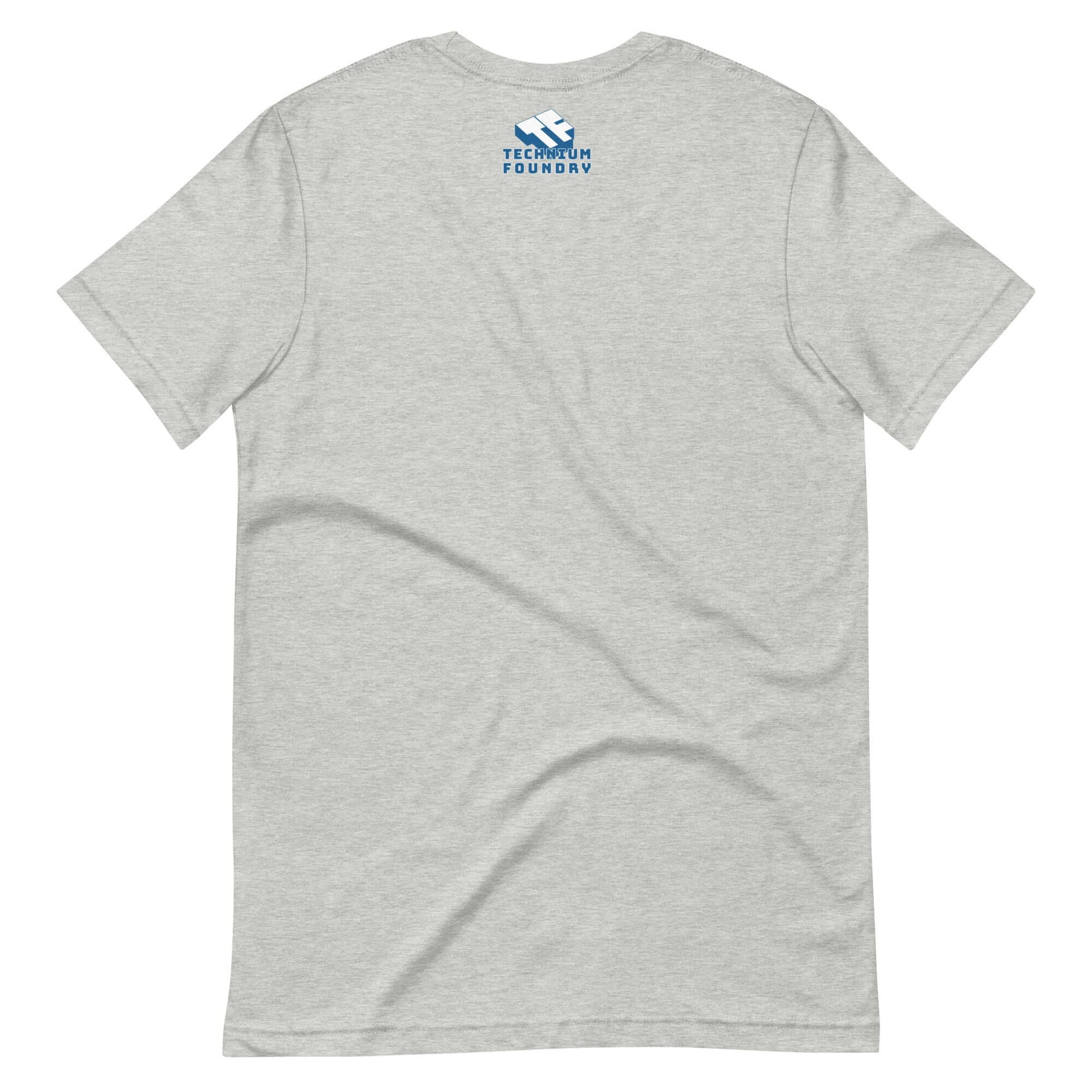 Back view of a gray Isotropic Universe T-Shirt featuring minimalist design with blue logo, blending physics and vacation themes.