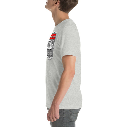 Side view of a gray "Observable and Single" T-shirt with bold typography, inspired by quantum mechanics' dating profile humor.