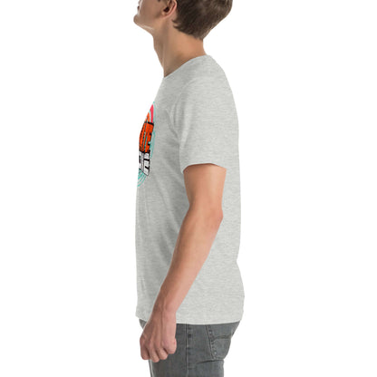 Side view of person wearing eSkate Life T-Shirt featuring retro sunset design with palm trees and power buttons.