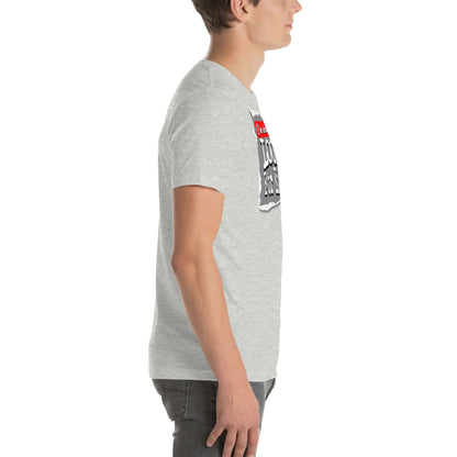 Side view of a model wearing a gray Observable and Single T-shirt, featuring quantum mechanics-themed dating profile design.