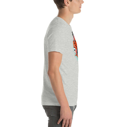 Side view of person wearing gray eSkate Life T-shirt with retro sunset and palm tree design, celebrating electric skateboarding.