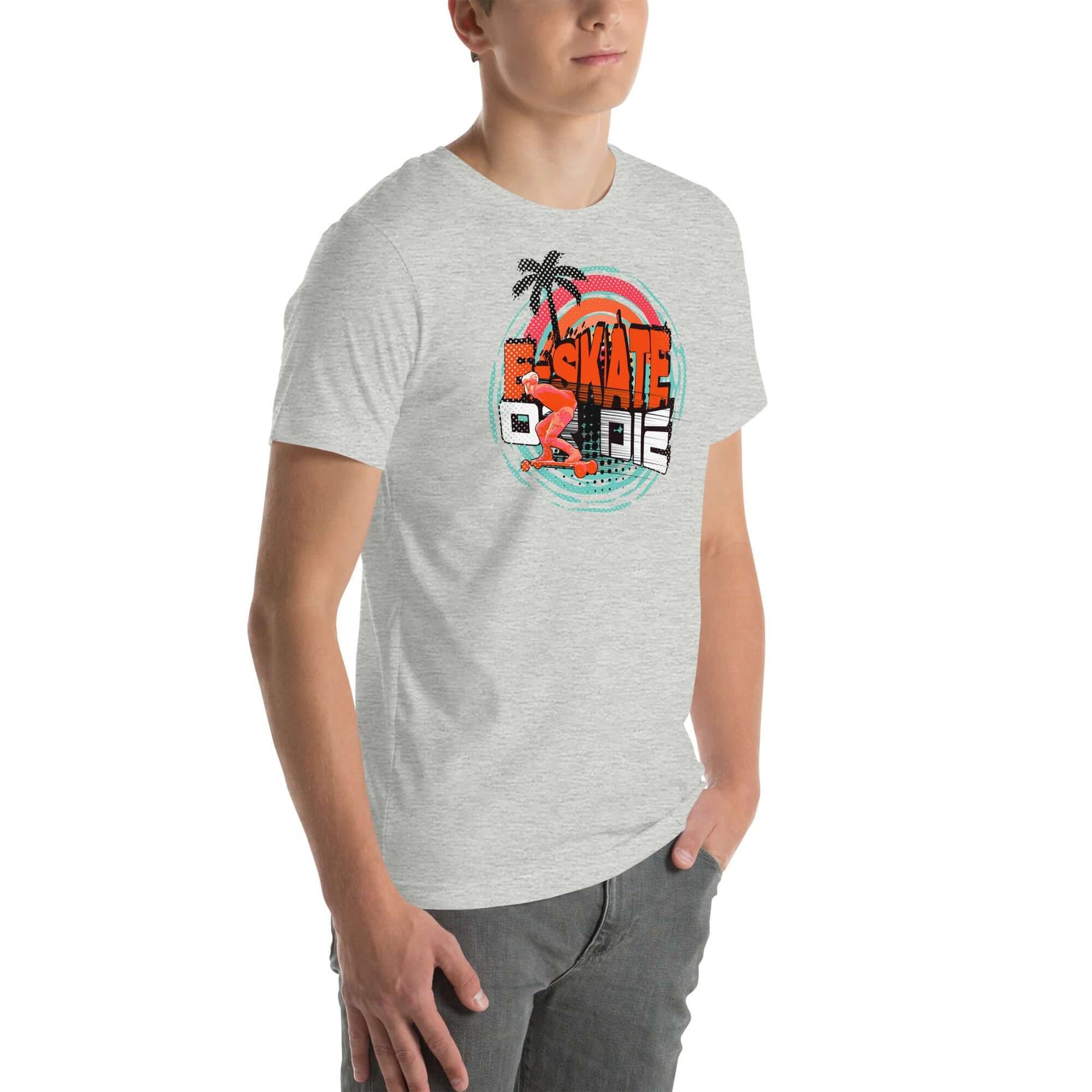 eSkate Life T-Shirt featuring retro sunset design with palm trees, celebrating electric skateboarding and tropical vibes.