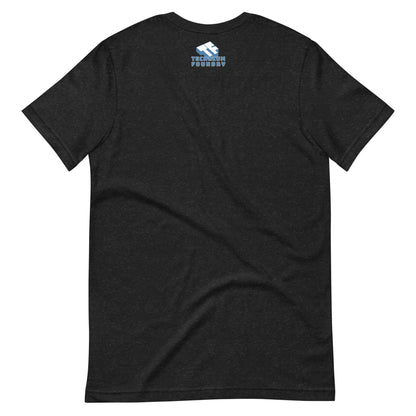 The Isotropic Universe T-Shirt in black, featuring a cosmic beach day theme on the back with blue text and logo.