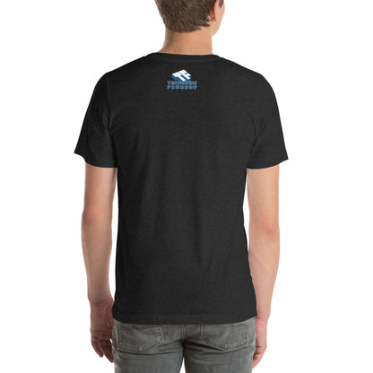 Back view of black t-shirt with Quantum Mechanics' hottest dating profile design featuring bold typography.